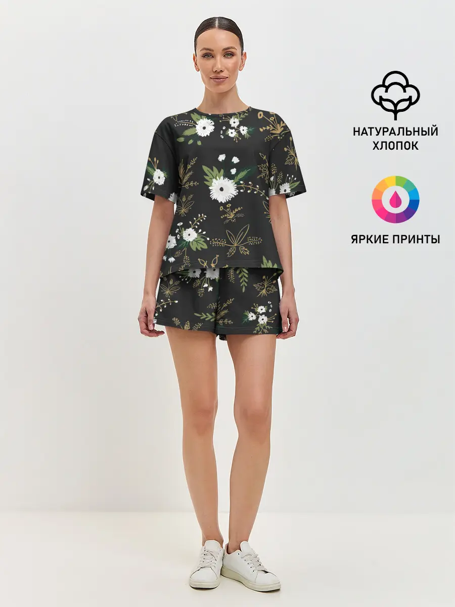 Женская пижама с шортами / Белые хризантемы