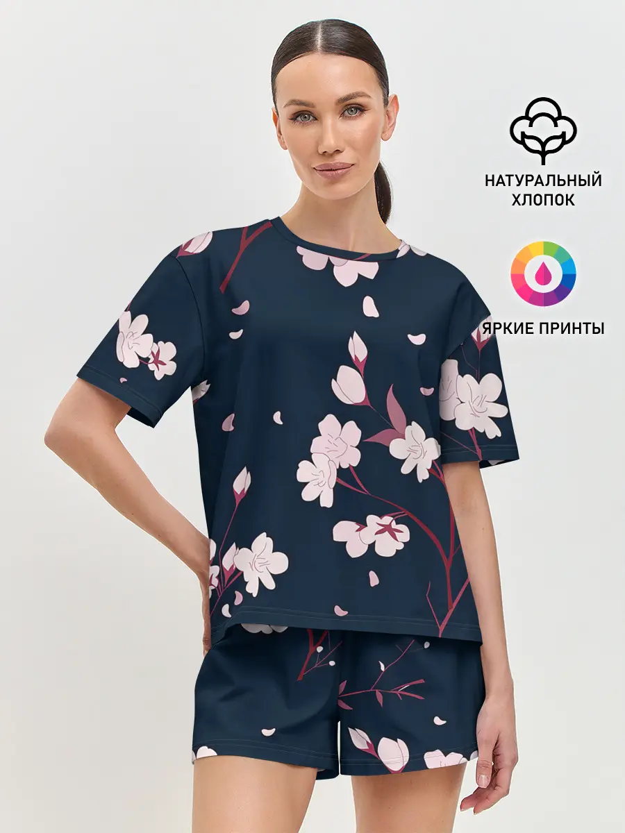 Женская пижама с шортами / Веточки сакуры