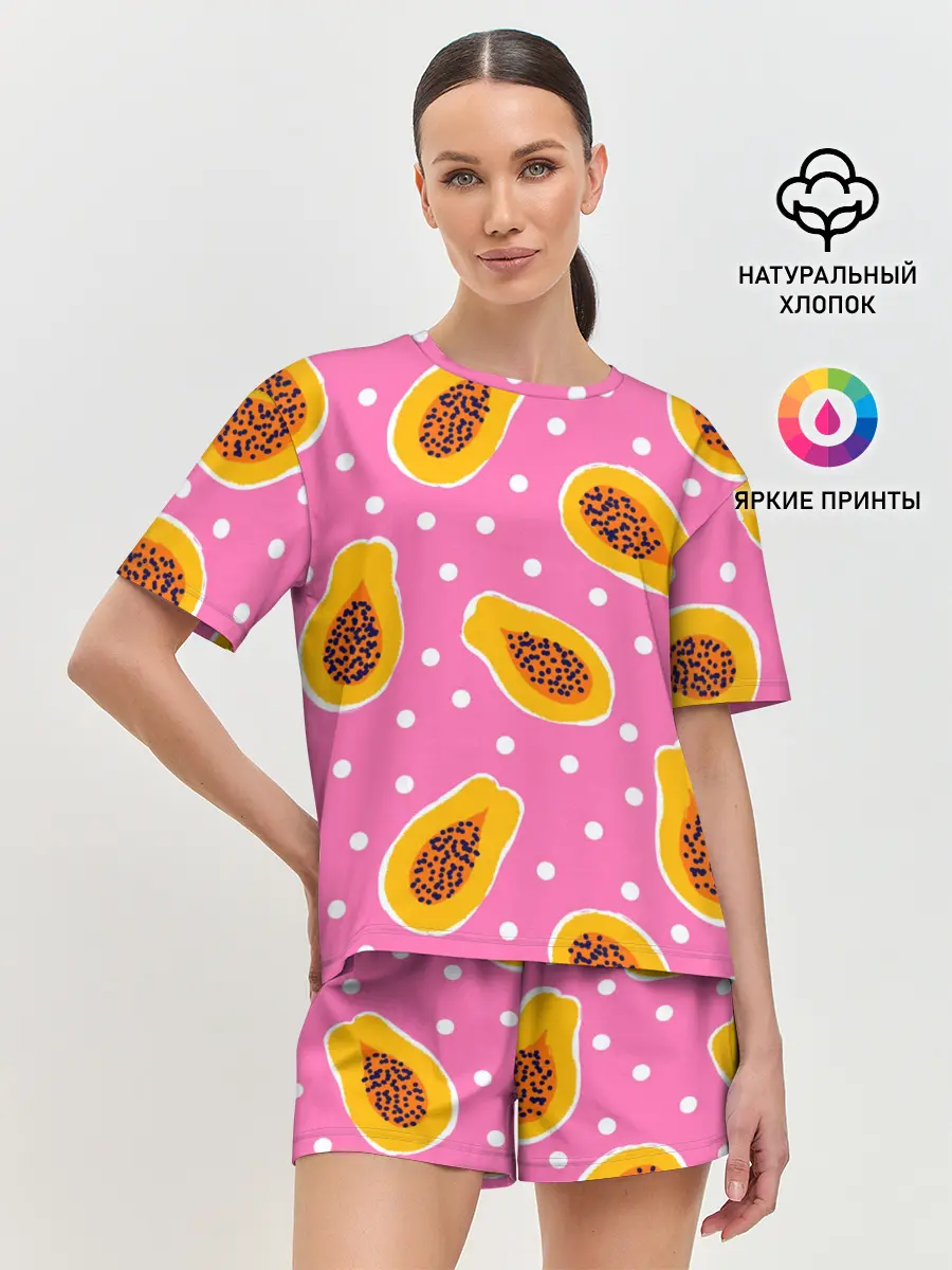 Женская пижама с шортами / Папайя на розовом