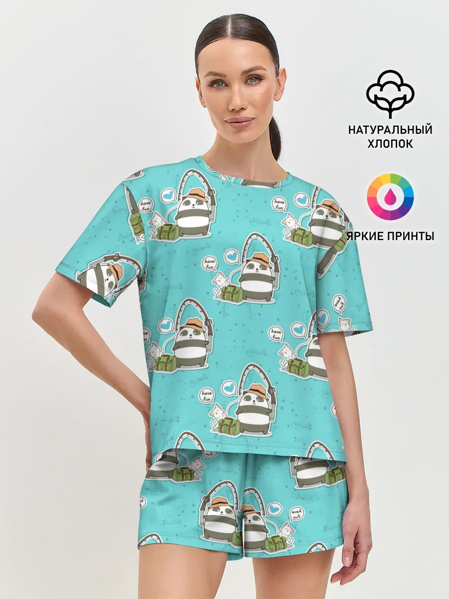 Женская пижама с шортами / Панда на рыбалке