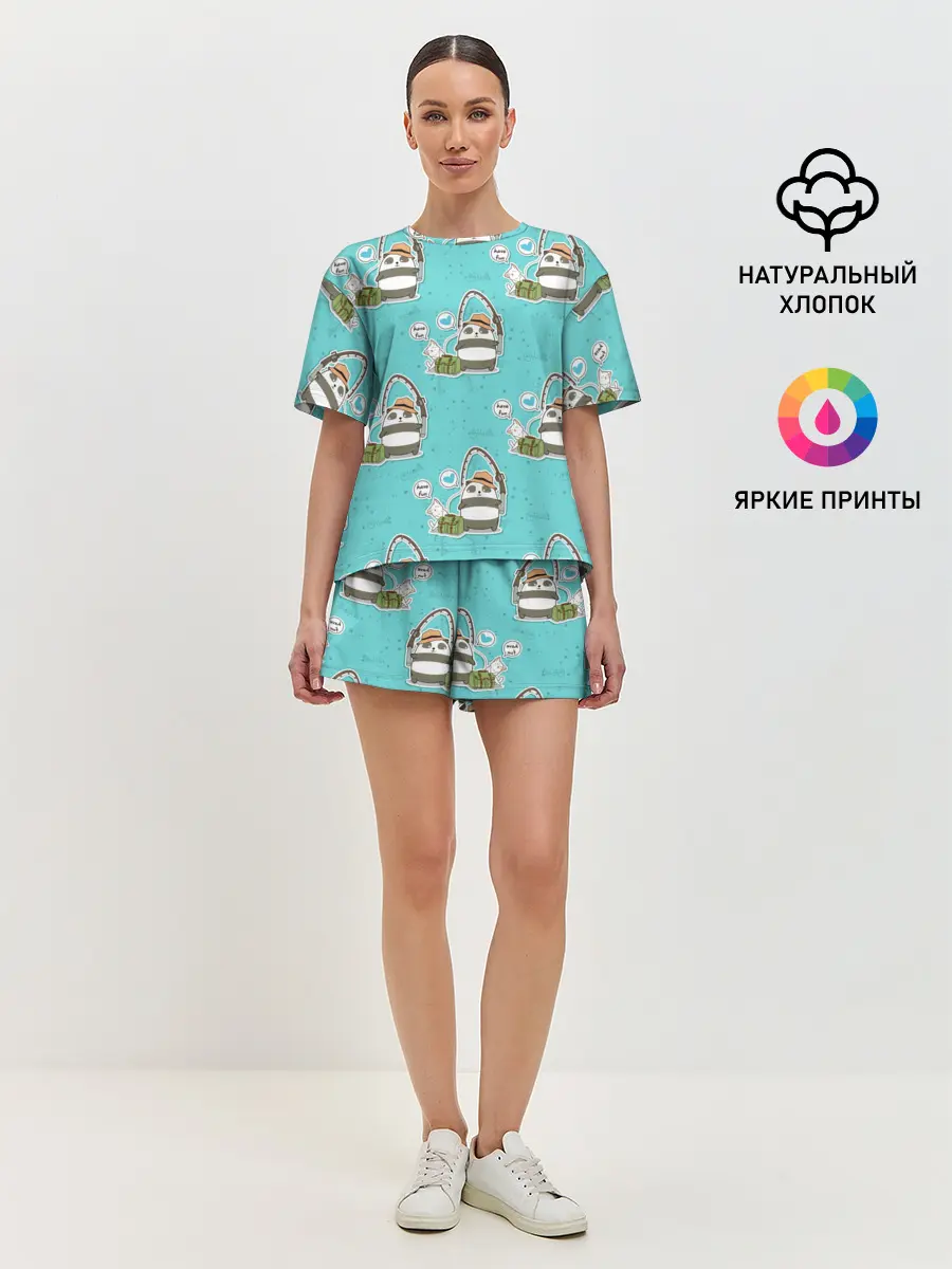 Женская пижама с шортами / Панда на рыбалке