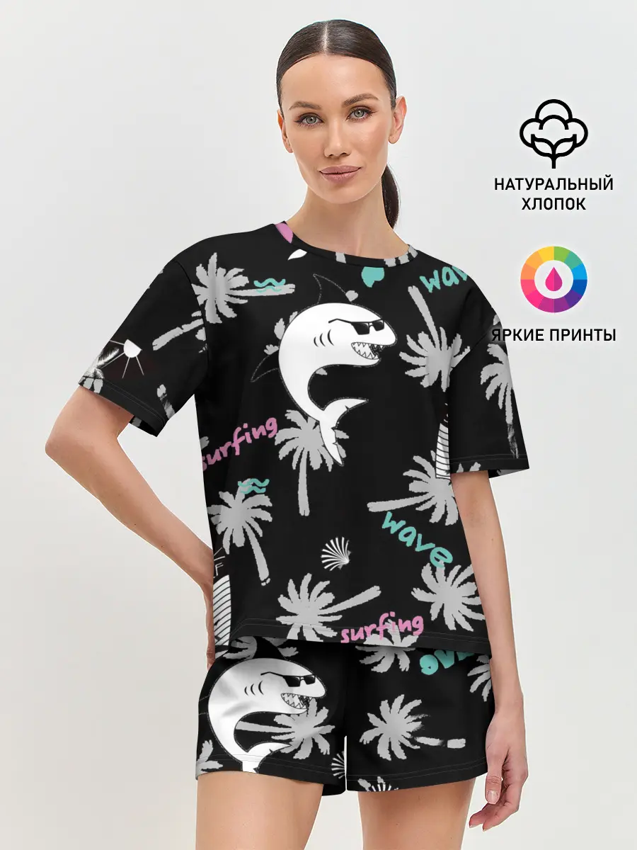 Женская пижама с шортами / Акула и серфинг