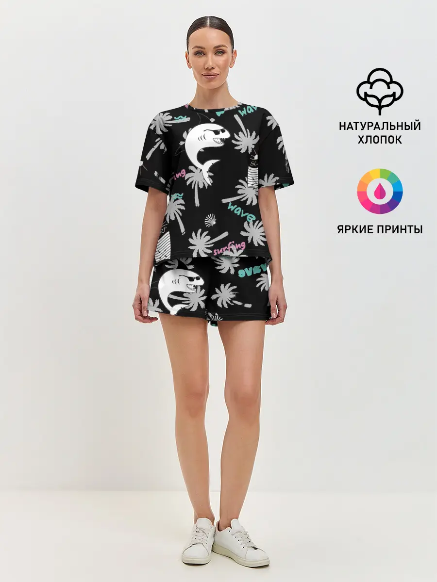 Женская пижама с шортами / Акула и серфинг