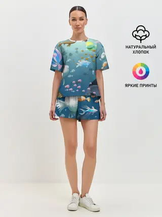 Женская пижама с шортами / Мультяшные рыбки | Пляжная