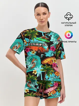 Женская пижама с шортами / Пальмы, волны, серфинг