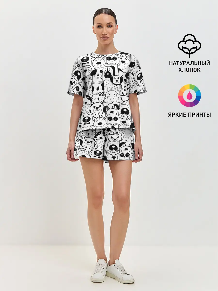 Женская пижама с шортами / Собаки черно-белое