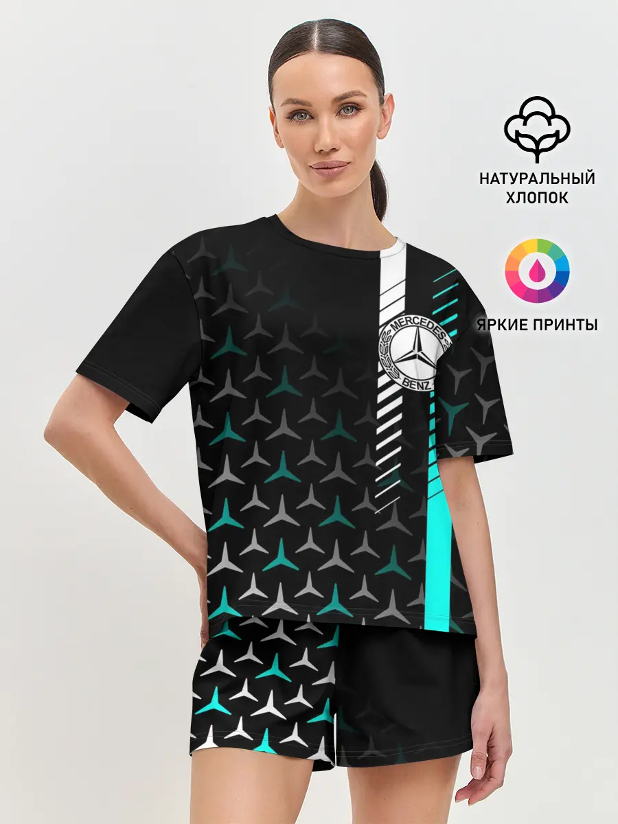 Женская пижама с шортами / МЕРСЕДЕС / AQUA BLACK GRADIENT