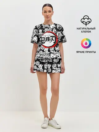 Женская пижама с шортами / DEMON SLAYER / ЛИЦА / УЗОР