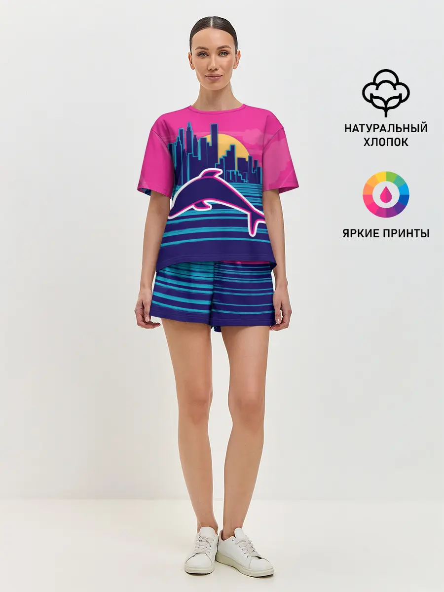 Женская пижама с шортами / Ретро дельфин