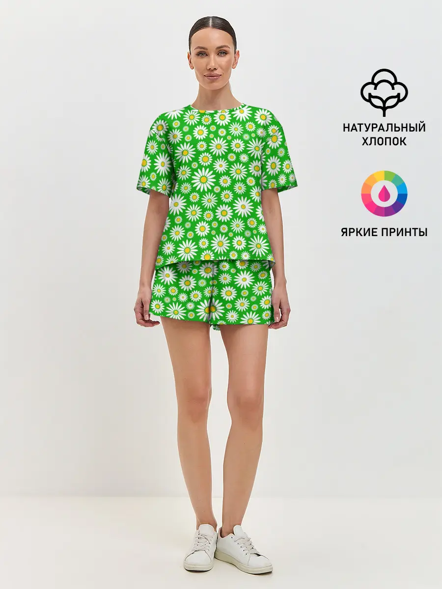 Женская пижама с шортами / Ромашки на зелёном фоне
