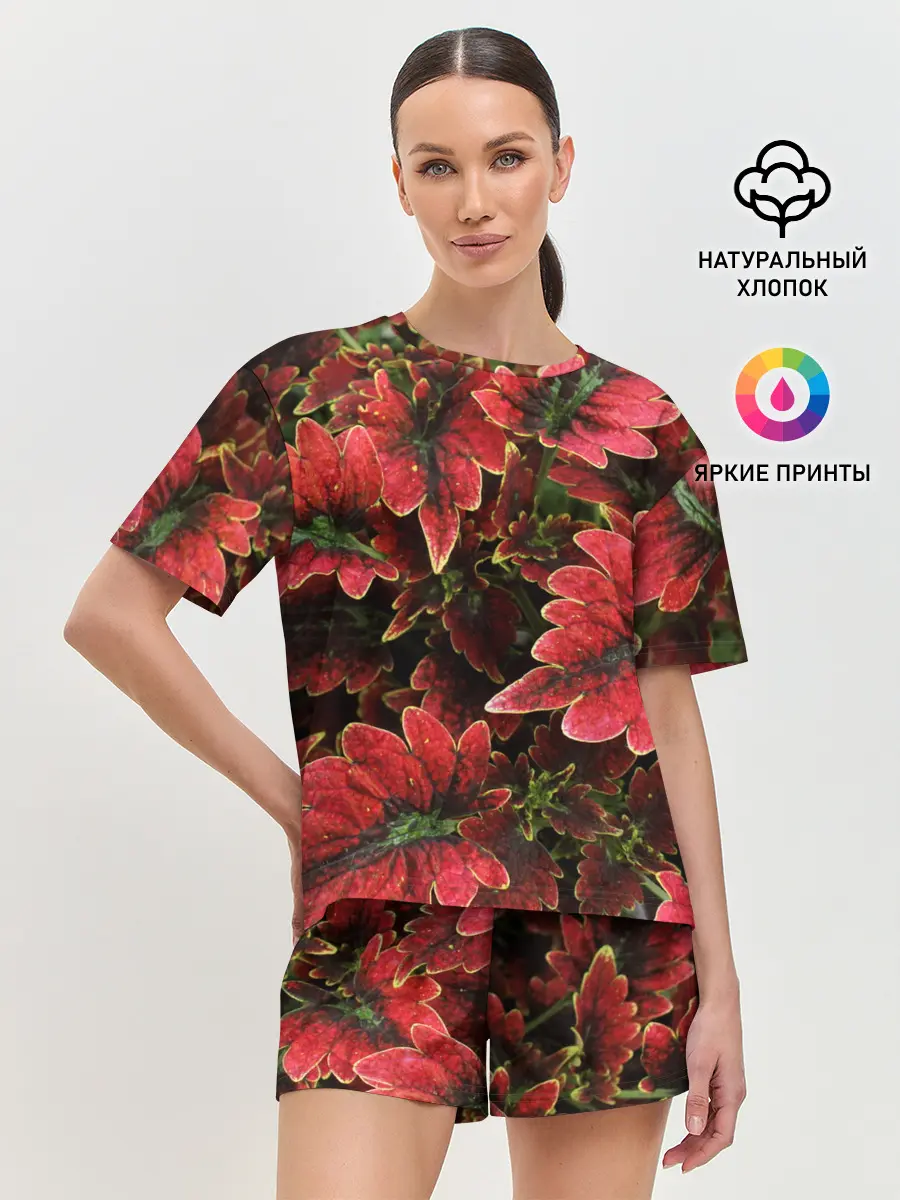 Женская пижама с шортами / Красные листья