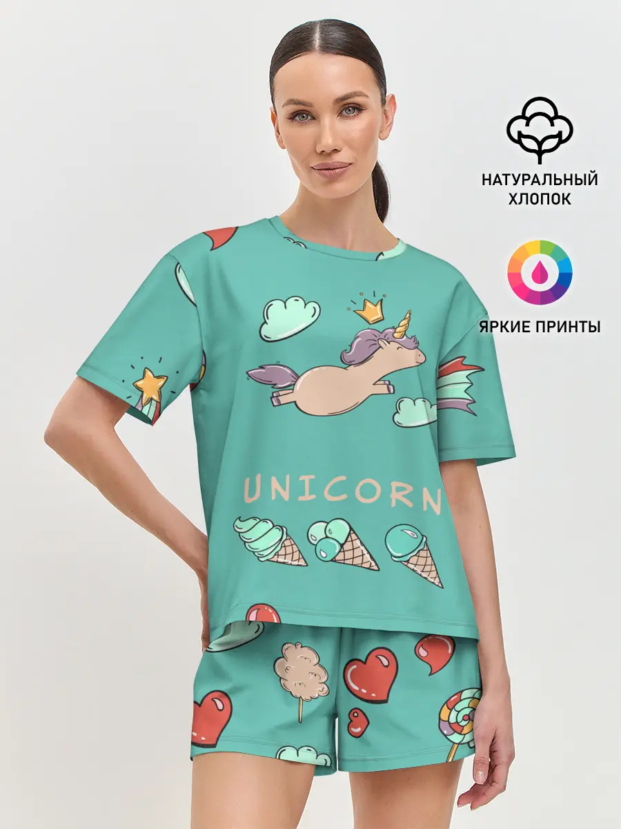 Женская пижама с шортами / Единорог с мороженкой