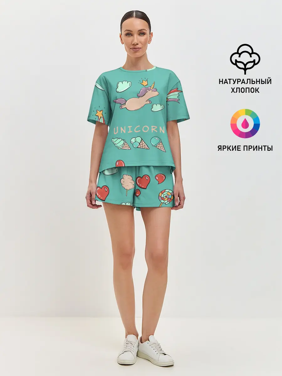 Женская пижама с шортами / Единорог с мороженкой