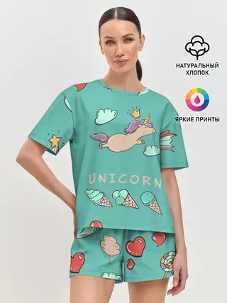 Женская пижама с шортами / Единорог с мороженкой