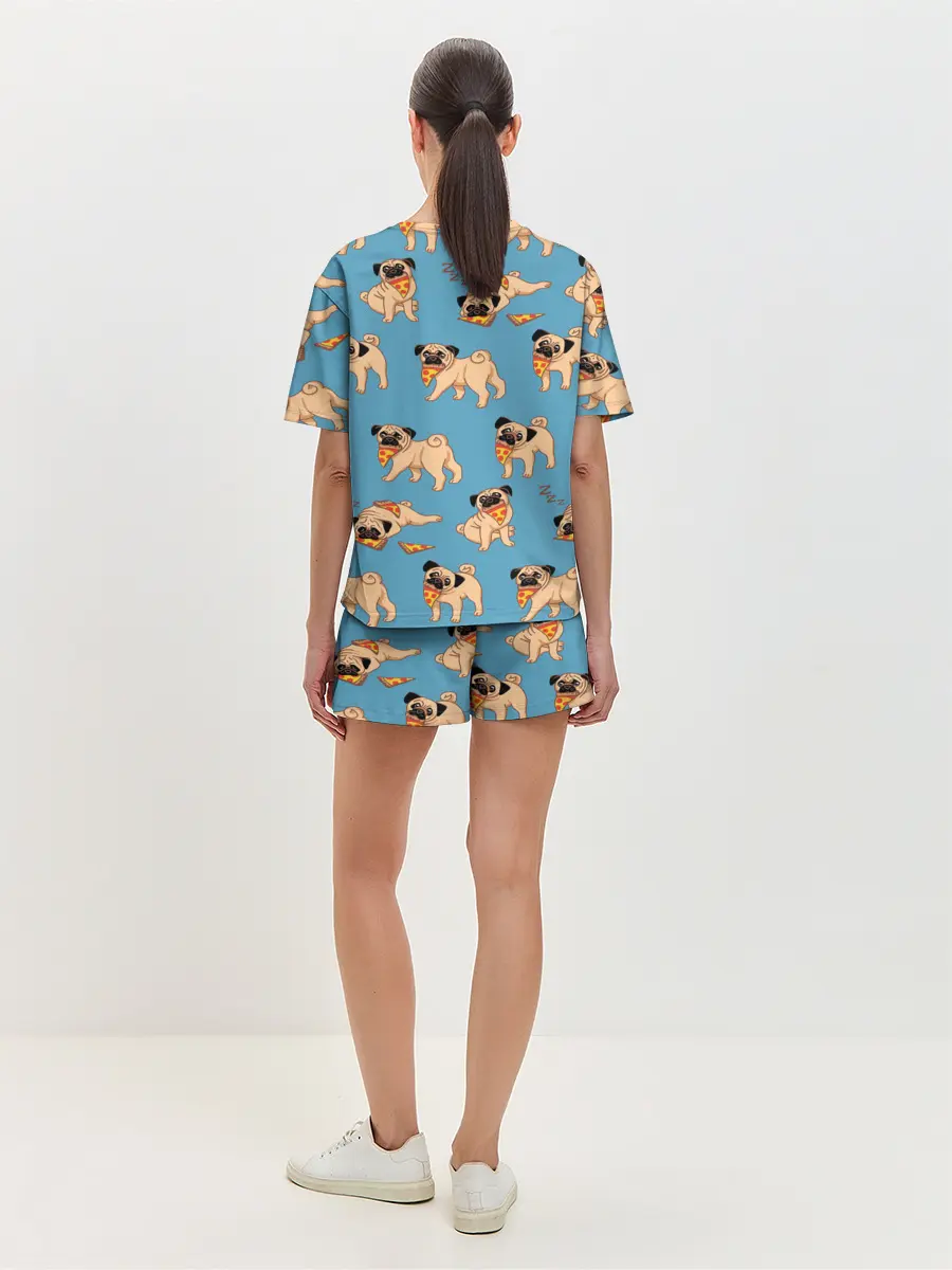 Женская пижама с шортами / Мопсы с пиццей