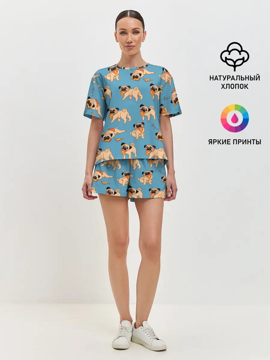 Женская пижама с шортами / Мопсы с пиццей