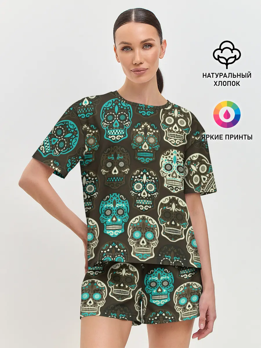 Женская пижама с шортами / Черепа с узорами