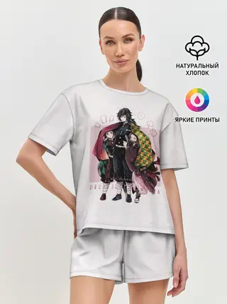 Женская пижама с шортами / Гию оберегает Танджиро и Незуко