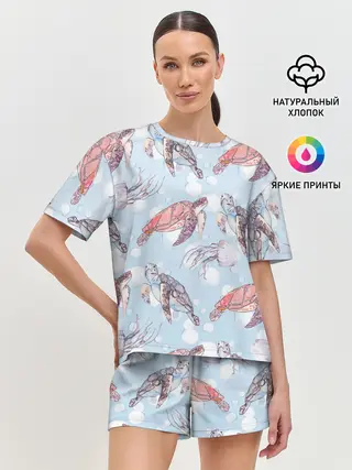 Женская пижама с шортами / подводный мир черепахи медузы