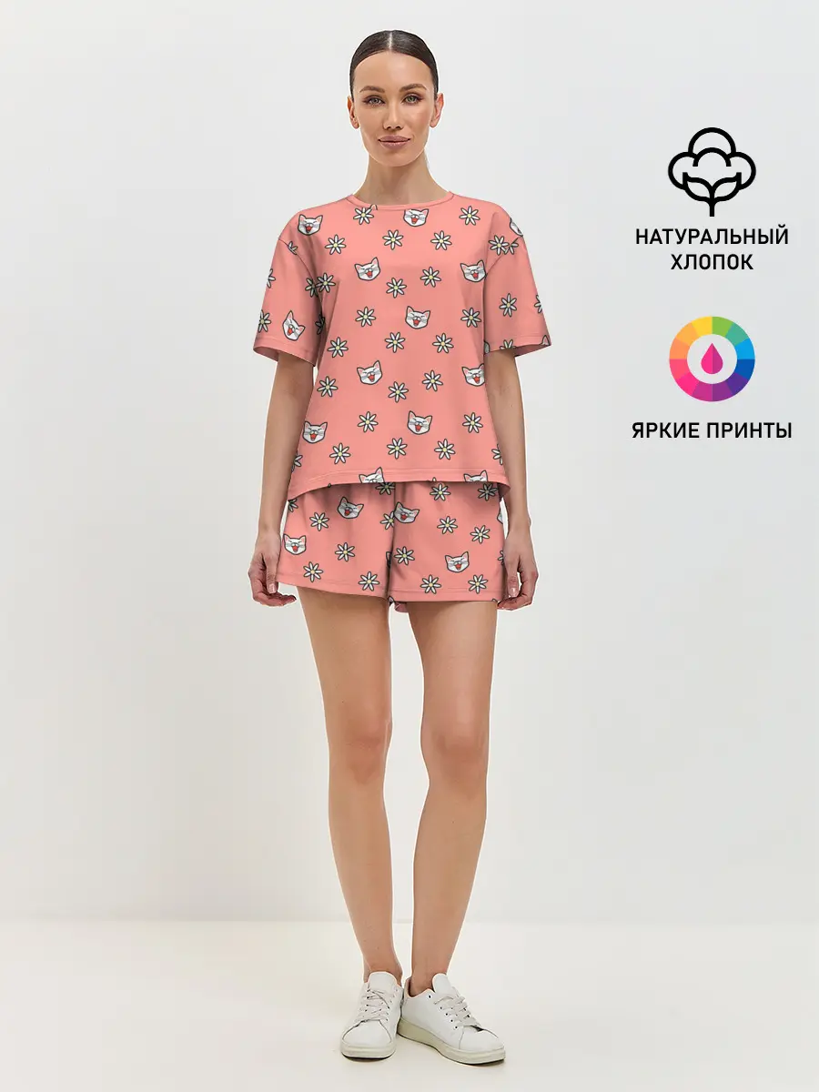 Женская пижама с шортами / Кошки и цветы