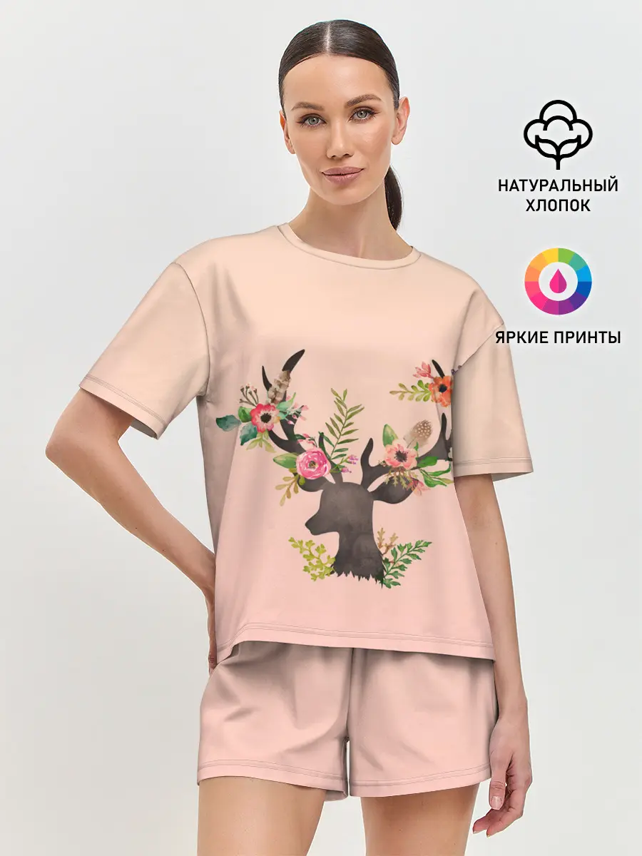 Женская пижама с шортами / олень рога цветы