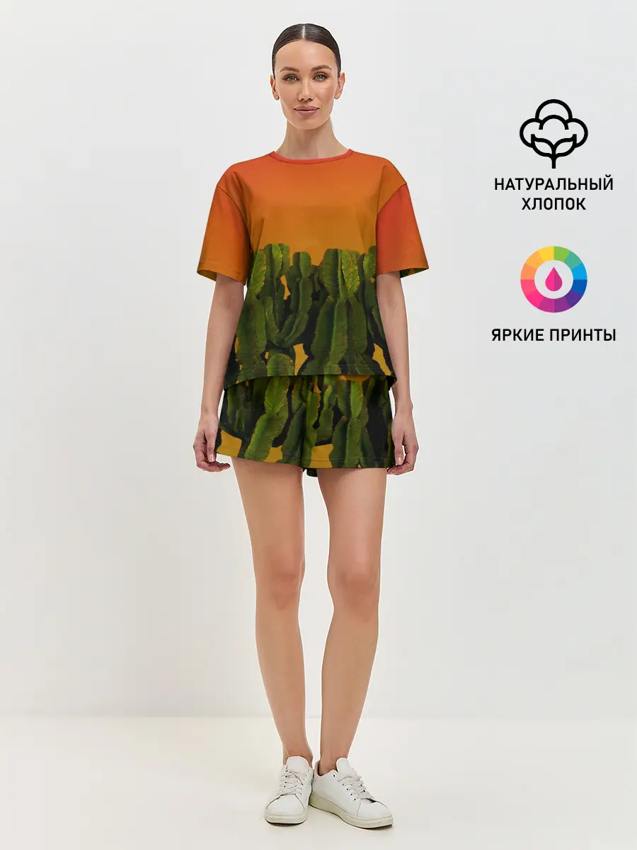Женская пижама с шортами / Кактусы на закате