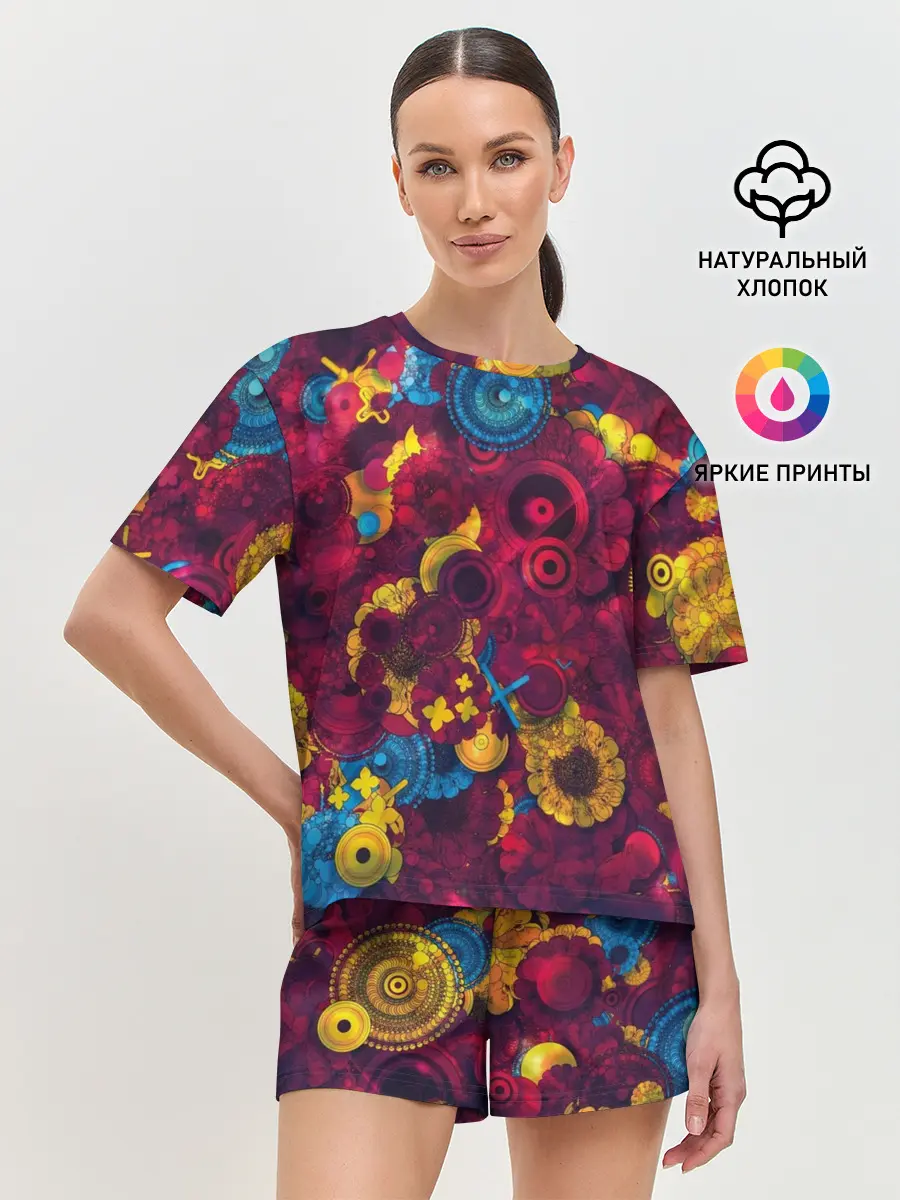 Женская пижама с шортами / Цветы - шестеренки