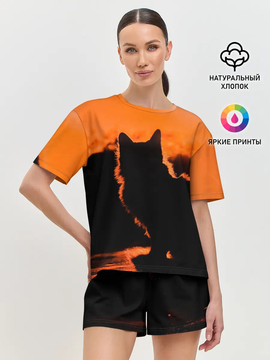 Женская пижама с шортами / Котенок на фоне заката