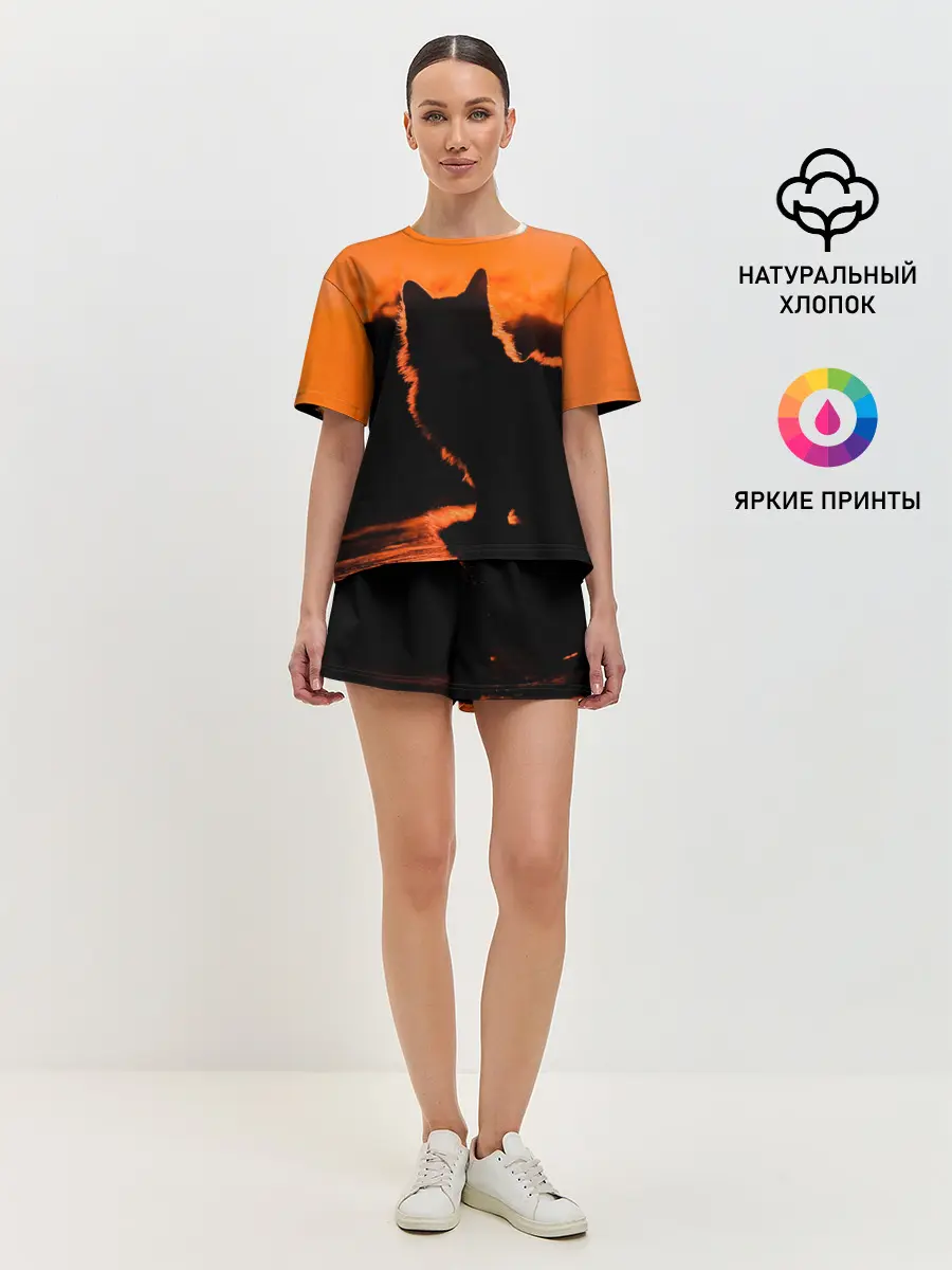 Женская пижама с шортами / Котенок на фоне заката