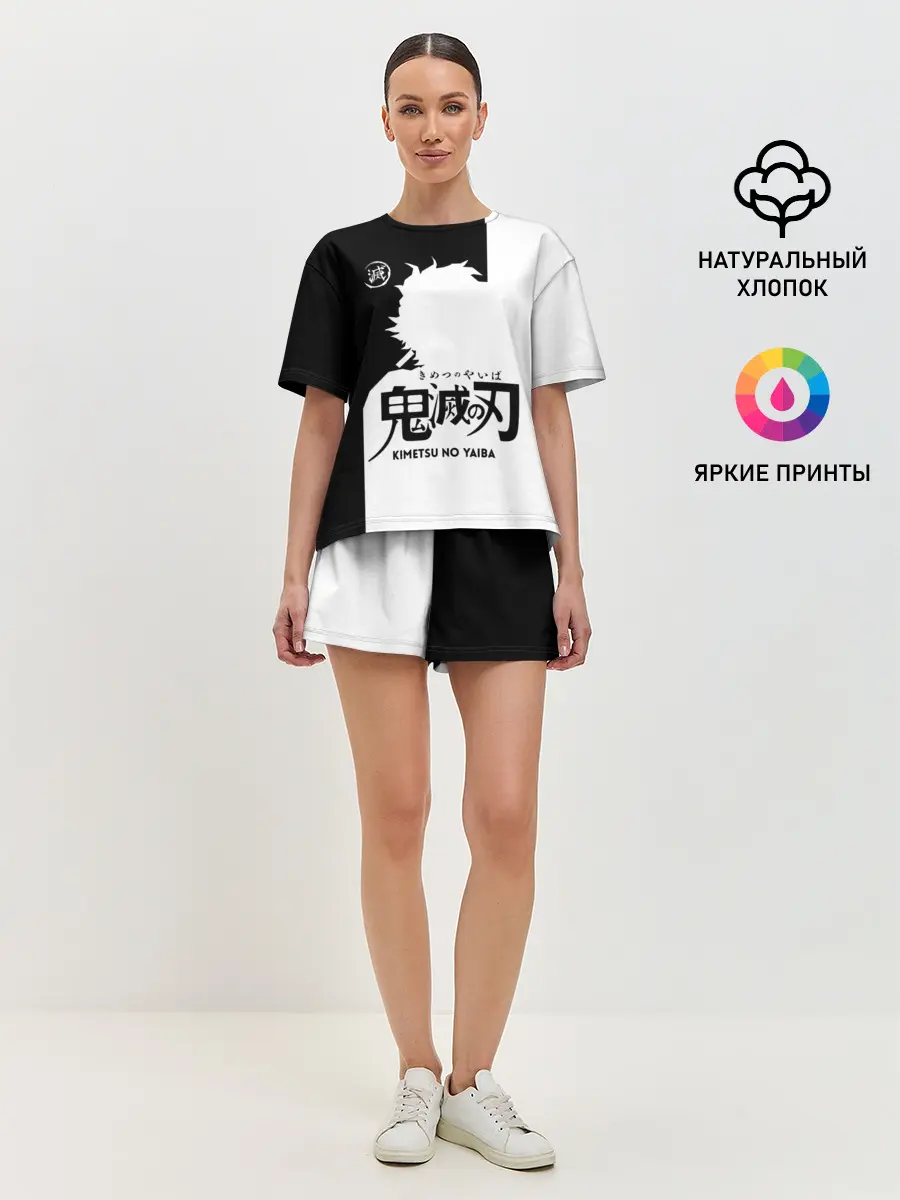 Женская пижама с шортами / Черно белый силуэт Танджиро