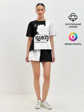 Женская пижама с шортами / Черно белый силуэт Танджиро