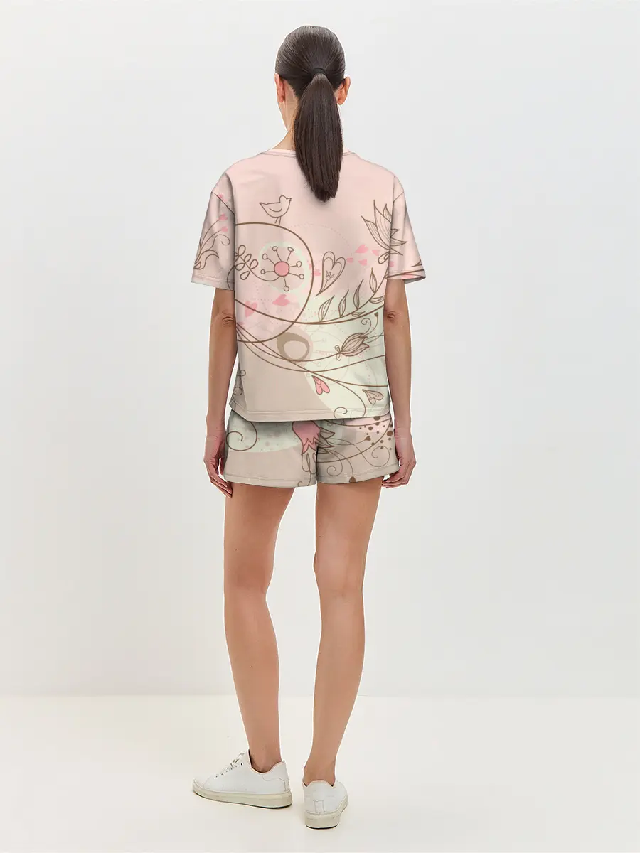 Женская пижама с шортами / Летний узор цветы птичка