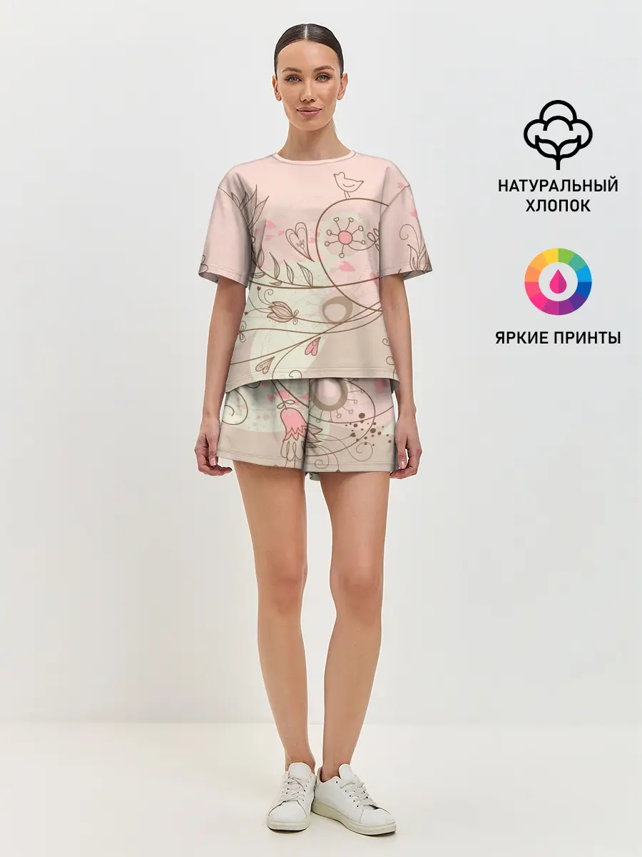 Женская пижама с шортами / Летний узор цветы птичка
