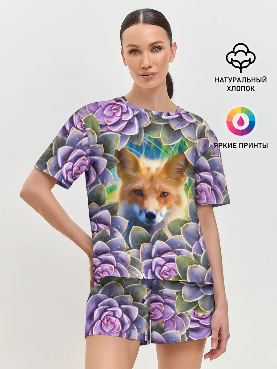 Женская пижама с шортами / Лиса среди цветов