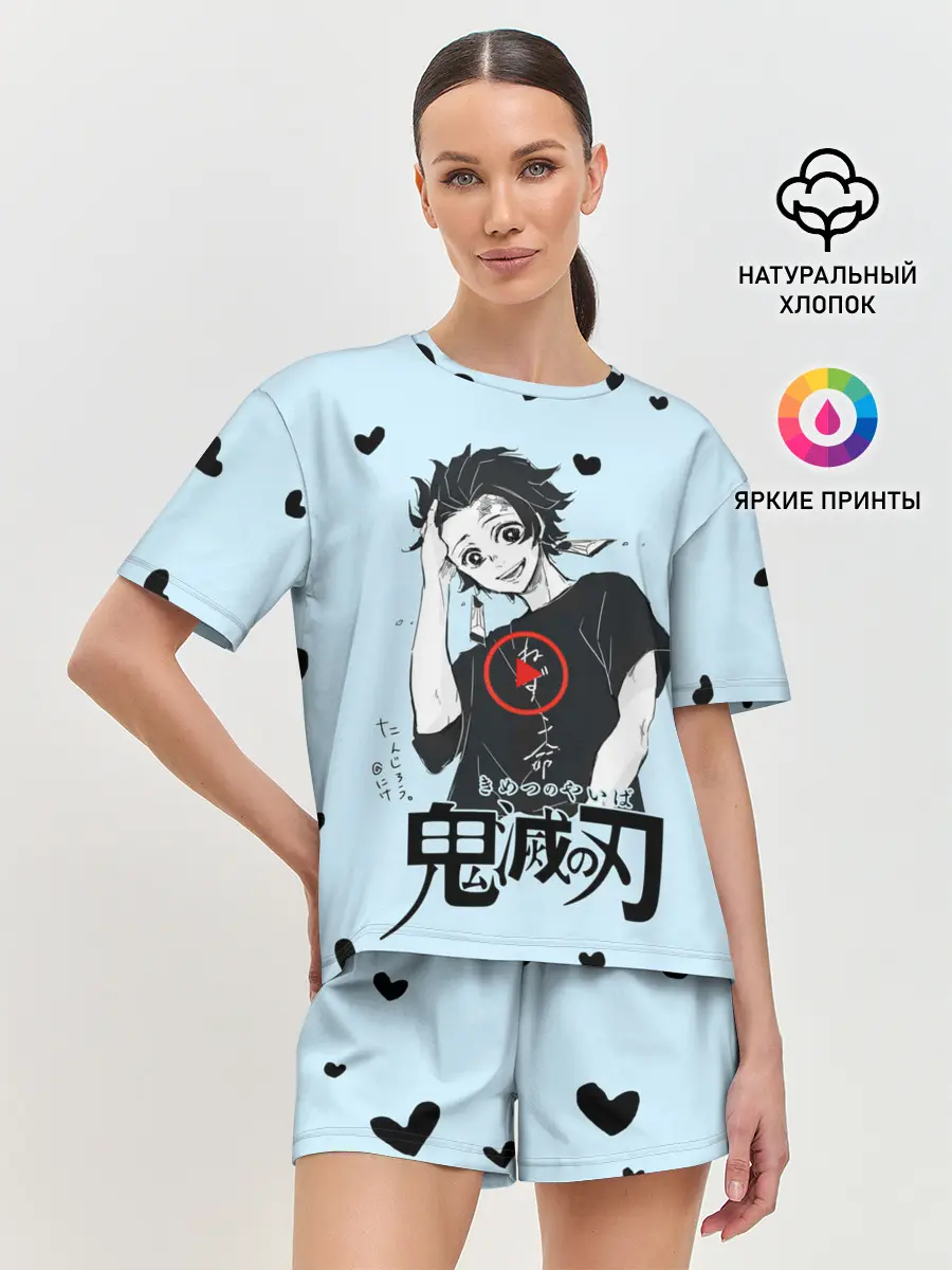 Женская пижама с шортами / Танджиро Камадо черные сердечки