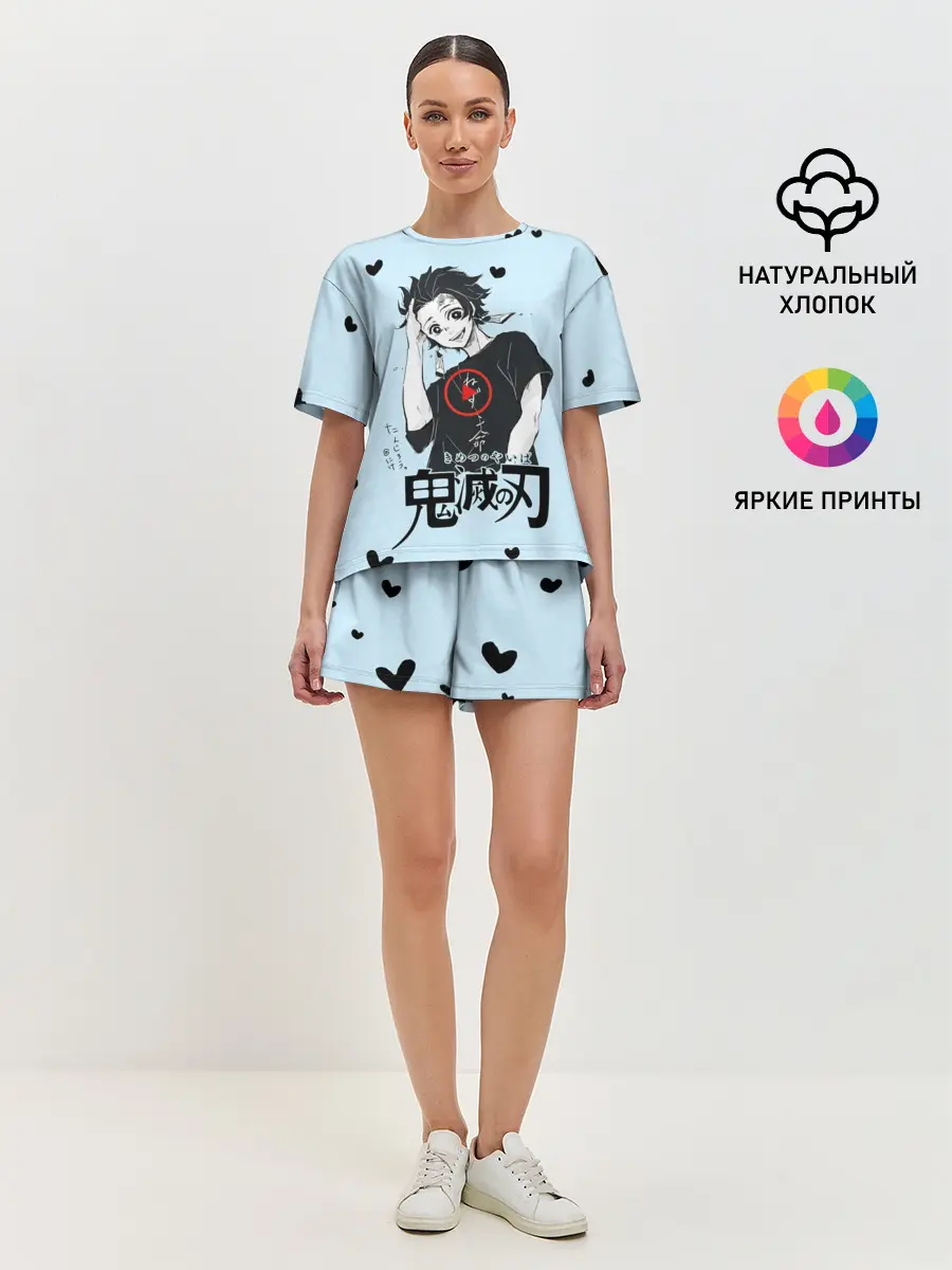 Женская пижама с шортами / Танджиро Камадо черные сердечки