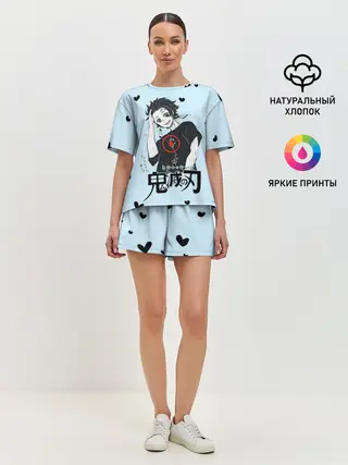 Женская пижама с шортами / Танджиро Камадо черные сердечки