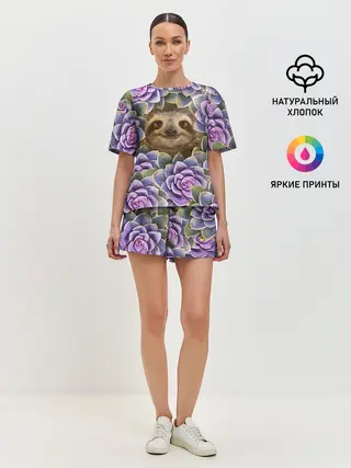 Женская пижама с шортами / Ленивец среди цветов