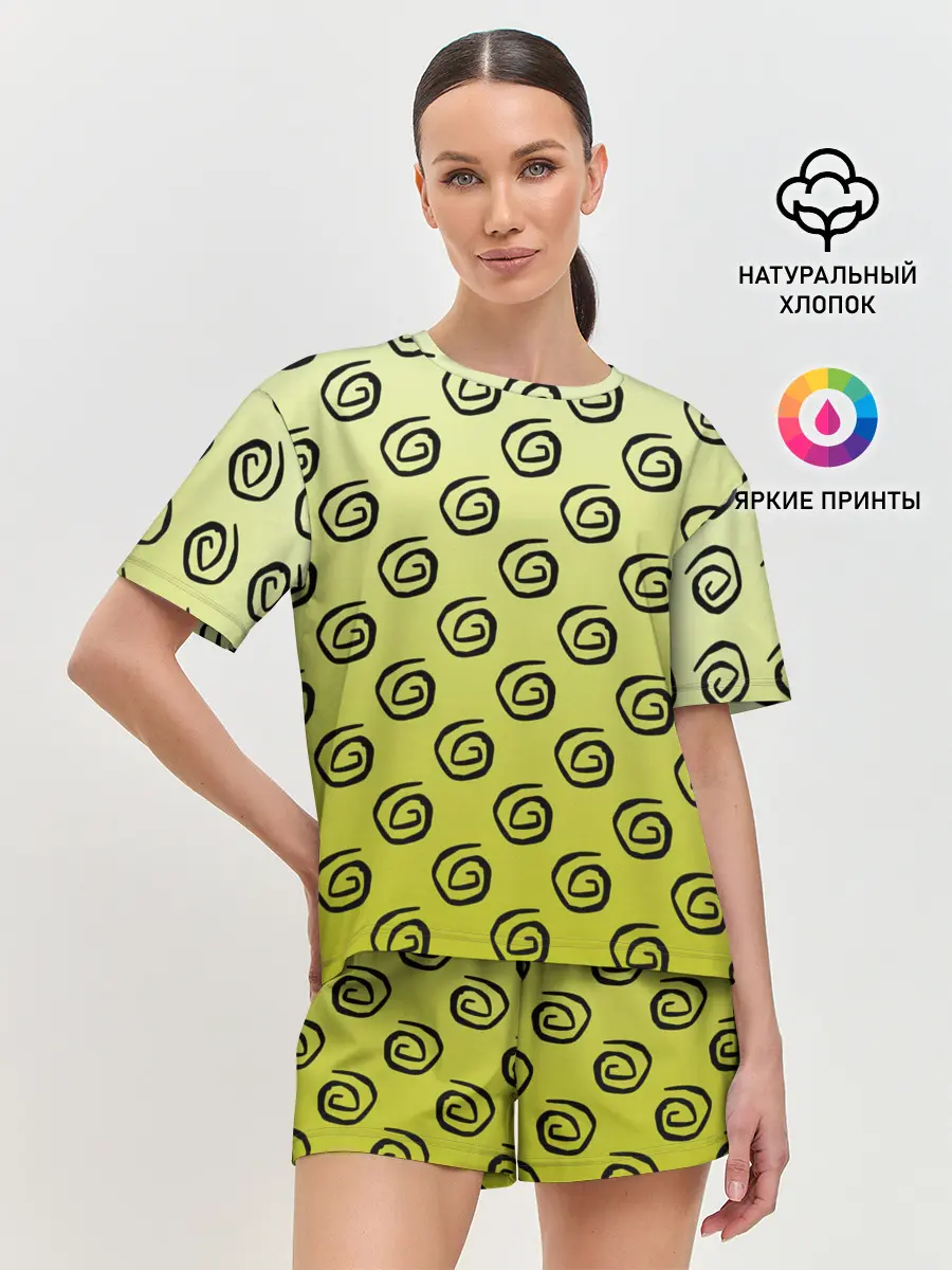 Женская пижама с шортами / узор спиральки на желтом фоне
