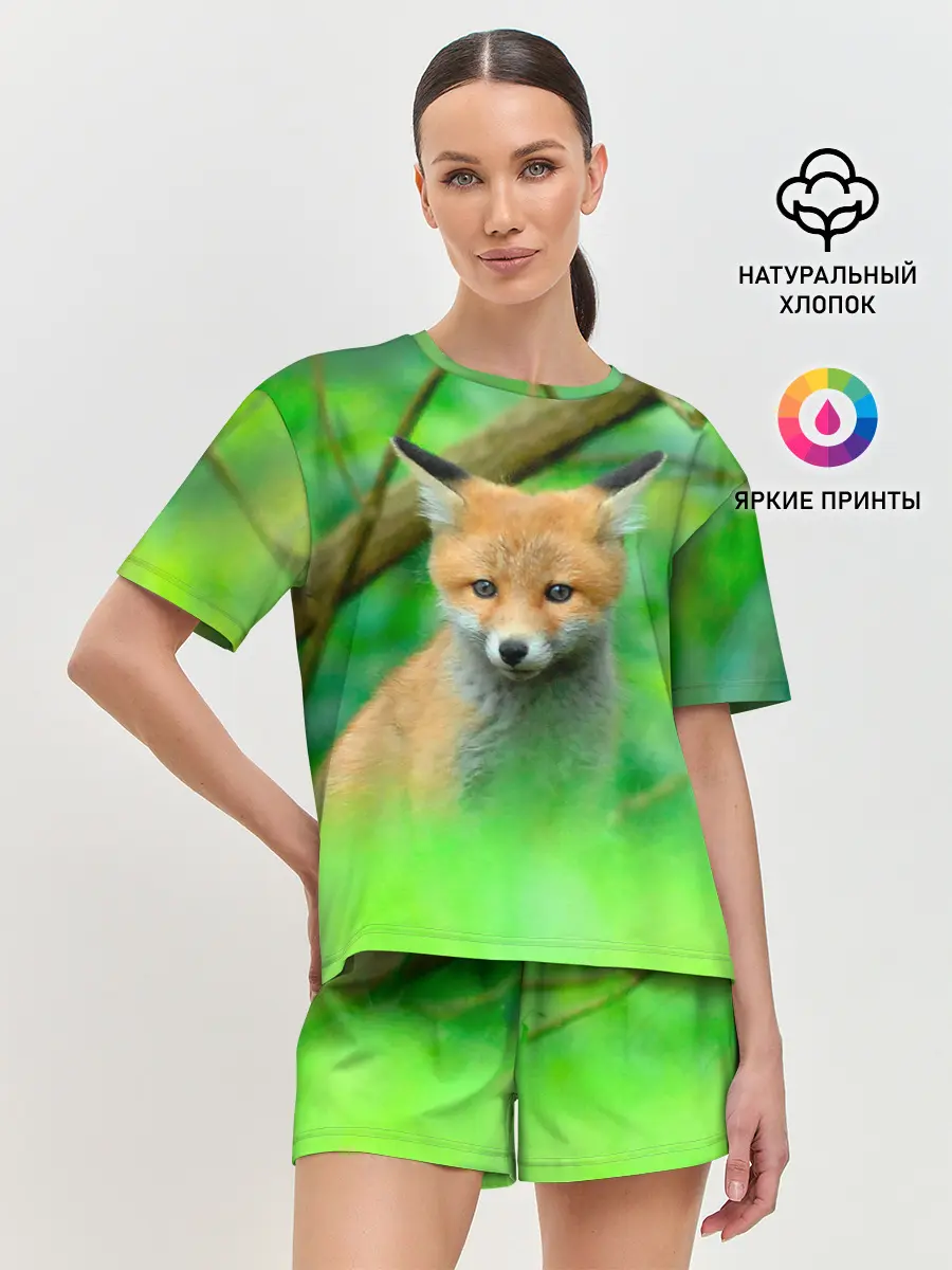 Женская пижама с шортами / Лисенок в зеленом лесу