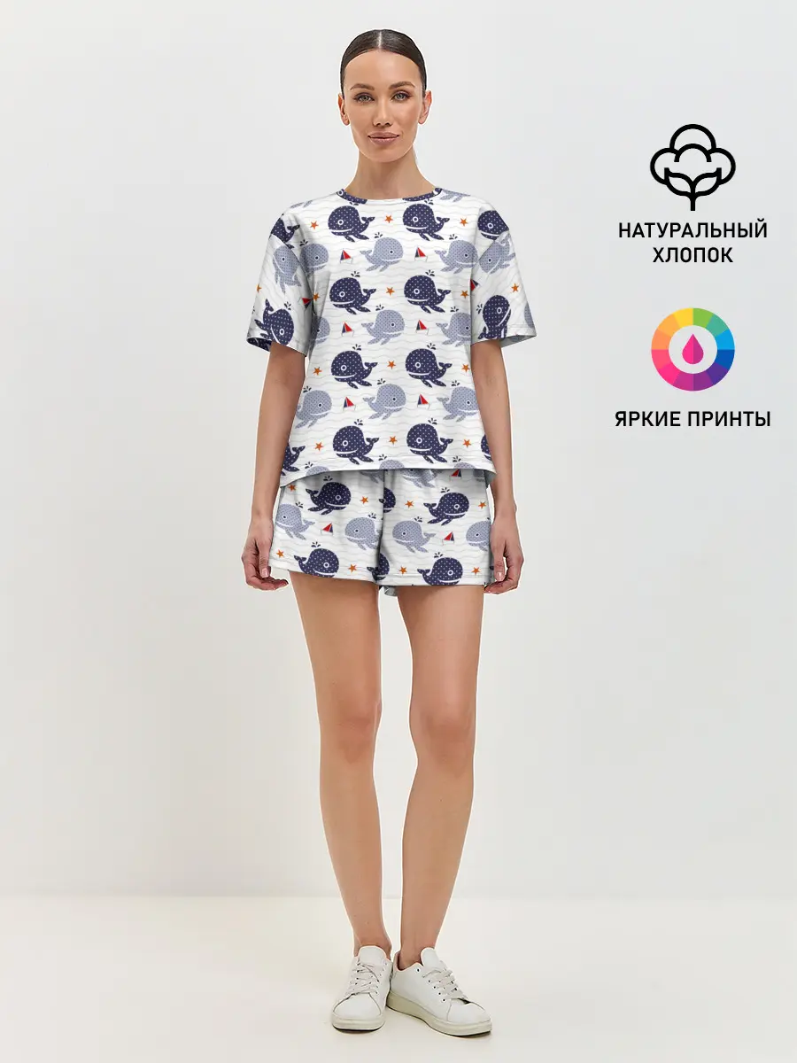 Женская пижама с шортами / Киты и яхты