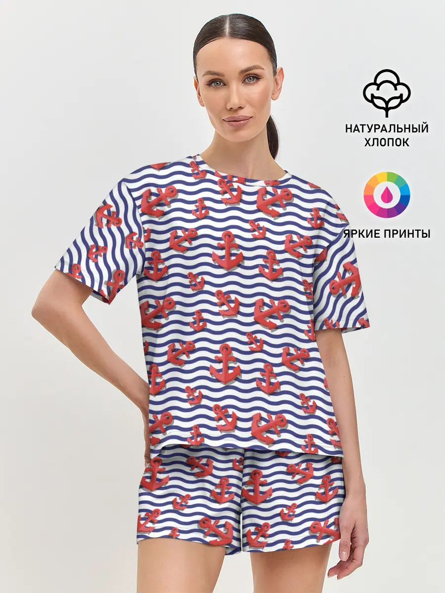 Женская пижама с шортами / Красные якоря