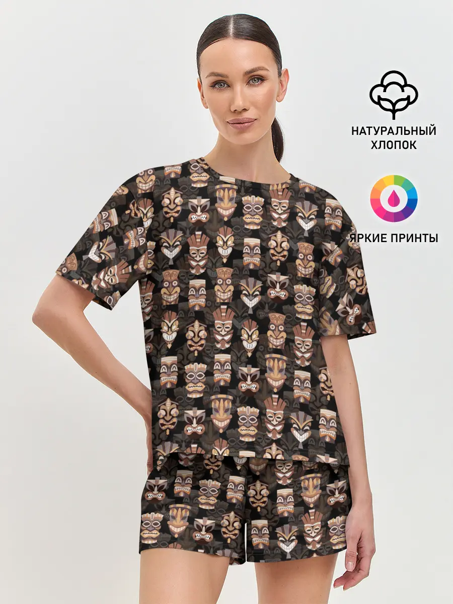 Женская пижама с шортами / МАСКИ ТИКИ ГАВАЙИ ПАТТЕРН