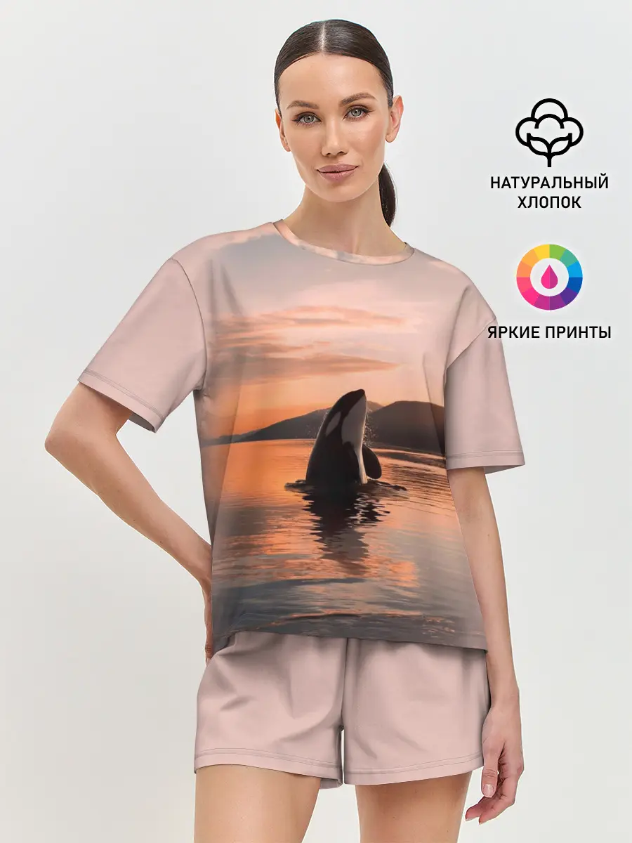 Женская пижама с шортами / касатки на закате