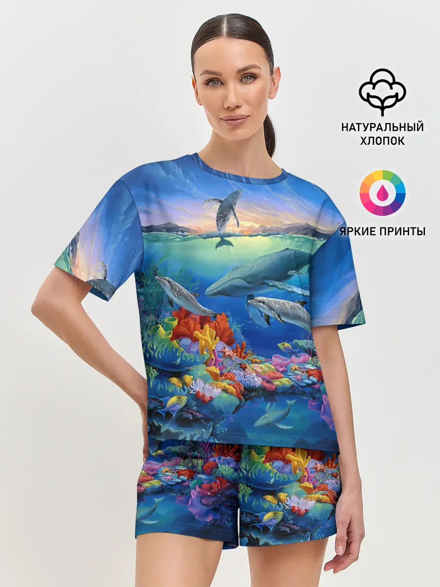 Женская пижама с шортами / Киты и дельфины