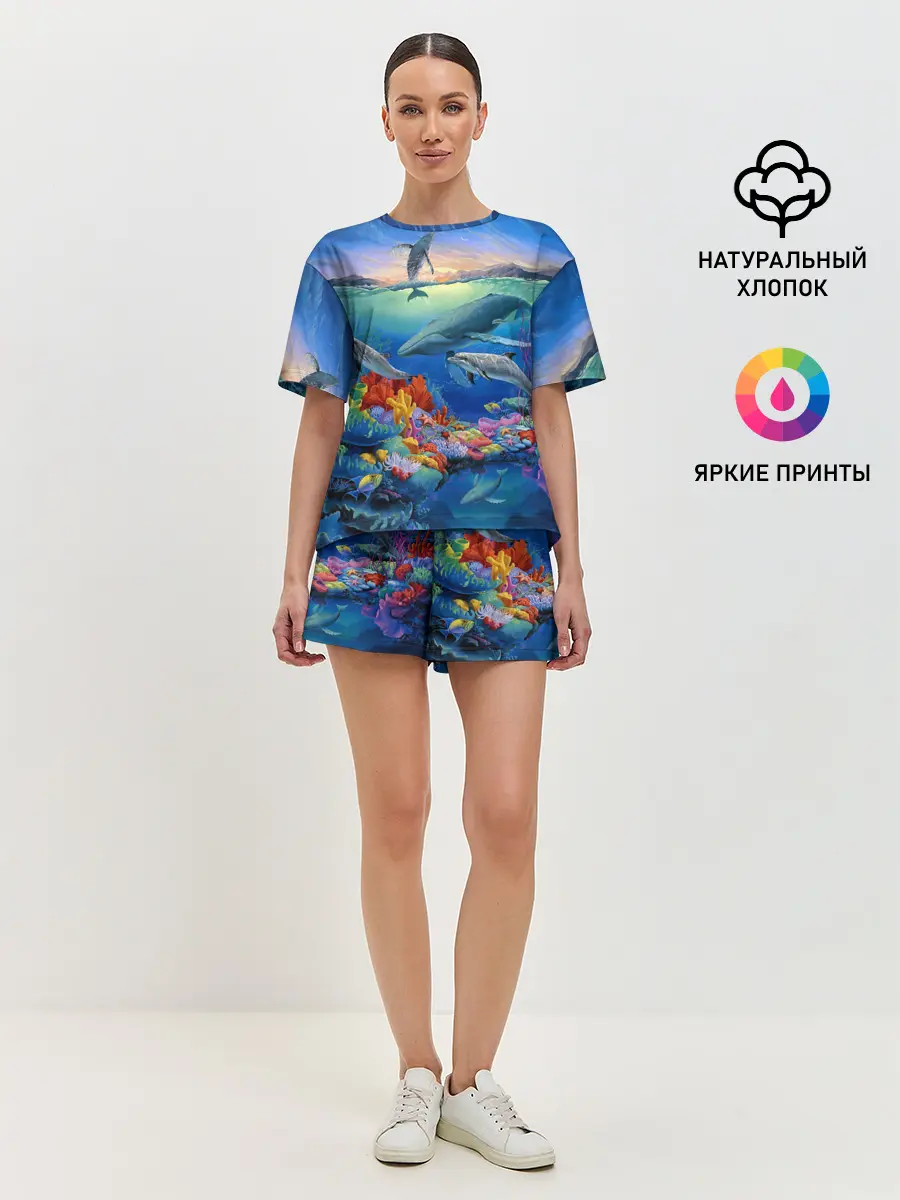 Женская пижама с шортами / Киты и дельфины