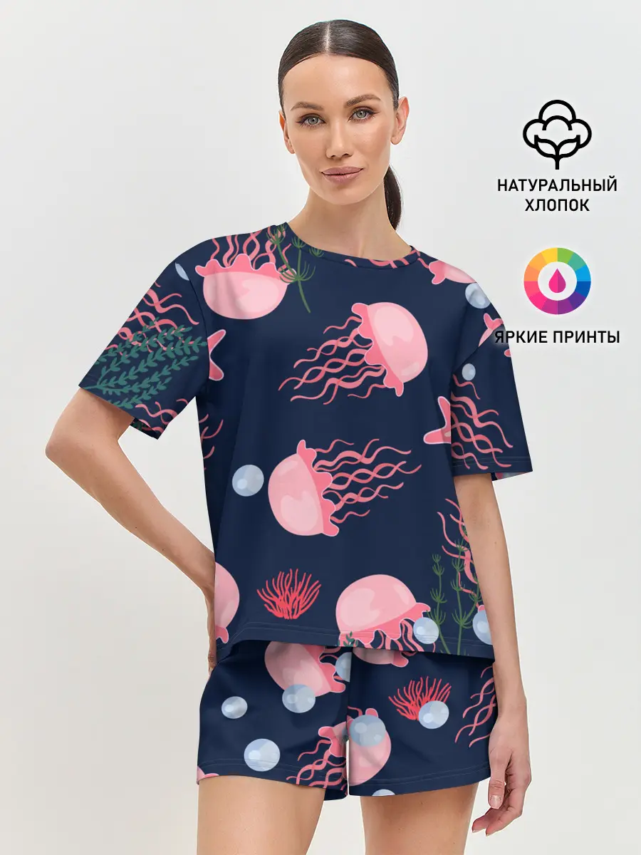 Женская пижама с шортами / розовые медузы