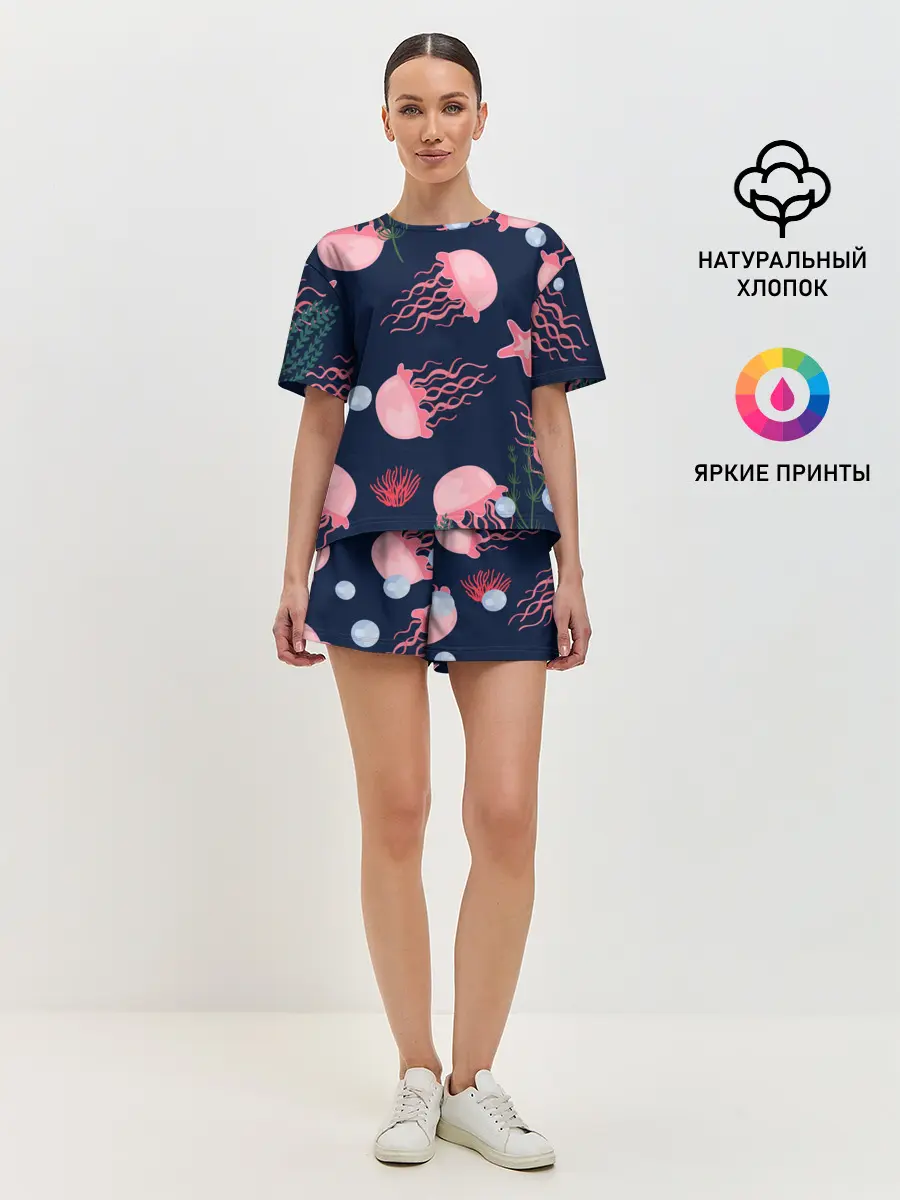 Женская пижама с шортами / розовые медузы