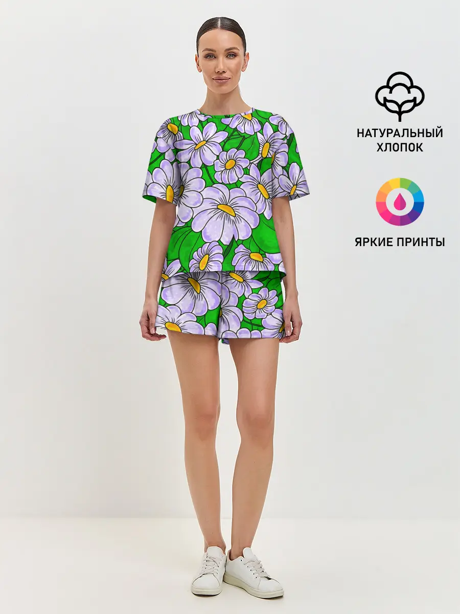 Женская пижама с шортами / Цветы Лавандовые ромашки