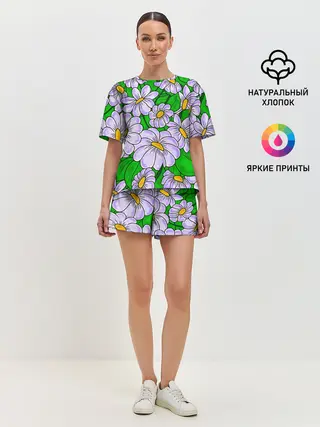 Женская пижама с шортами / Цветы Лавандовые ромашки